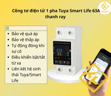 Công tơ điện tử 1 pha kết nối wifi dạng thanh ray Tuya Smart Life 63A
