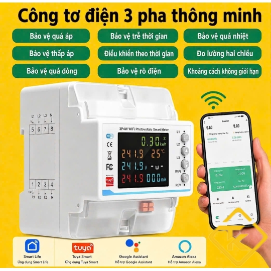 Công Tơ Điện 3 Pha Tuya WiFi 100A – Bật tắt từ xa Công Tơ Điện Thông Minh / Đo Điện Năng 2 Chiều