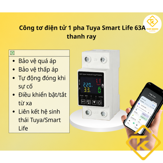Công tơ điện tử 1 pha kết nối wifi dạng thanh ray Tuya Smart Life 63A