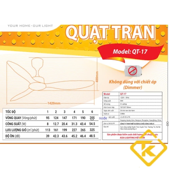 Quạt trần cao cấp  3 cánh nhựa ABS nhiều màu Asia Lighting QT17