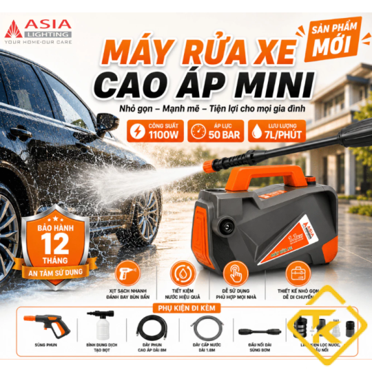 Máy Rửa Xe Asia Lighting MRX1100-01 1100W Chính Hãng Áp Lực 50 Bar