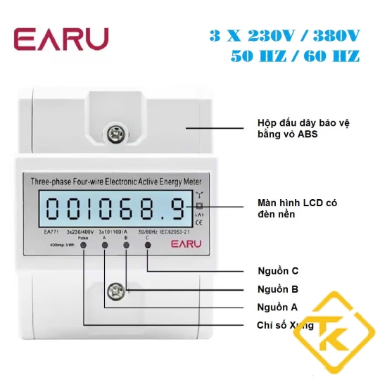 Công tơ điện tử 3 pha 4 dây trực tiếp 100A EARU - dạng thanh ray EA771